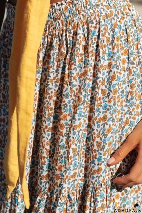 Boho Floral Print Elastic High Waist Pleated A Line Maxi Skirt