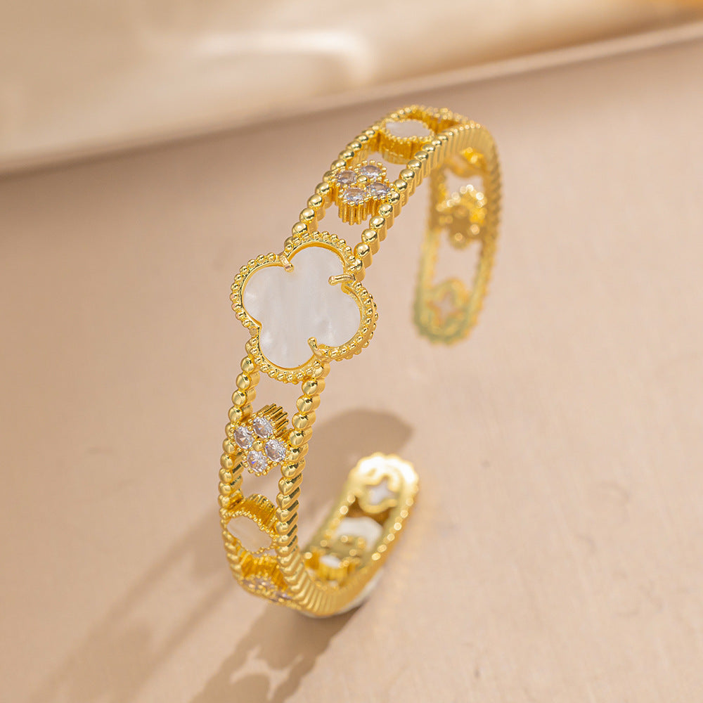 Personalized Trendy Micro-Inlaid Zircon Mother-Of-Pearl Flower Hollow Open Bracelet Versatile Women