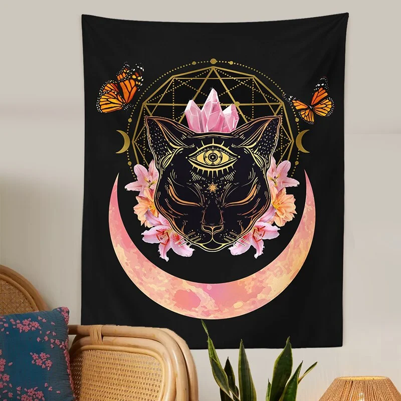 Cat Witch Tapestry Wall Hanging moon star Tarot Butterfly Psychedelic black Trippy Tapestry Psychedelic Wall Prints Wall Decor