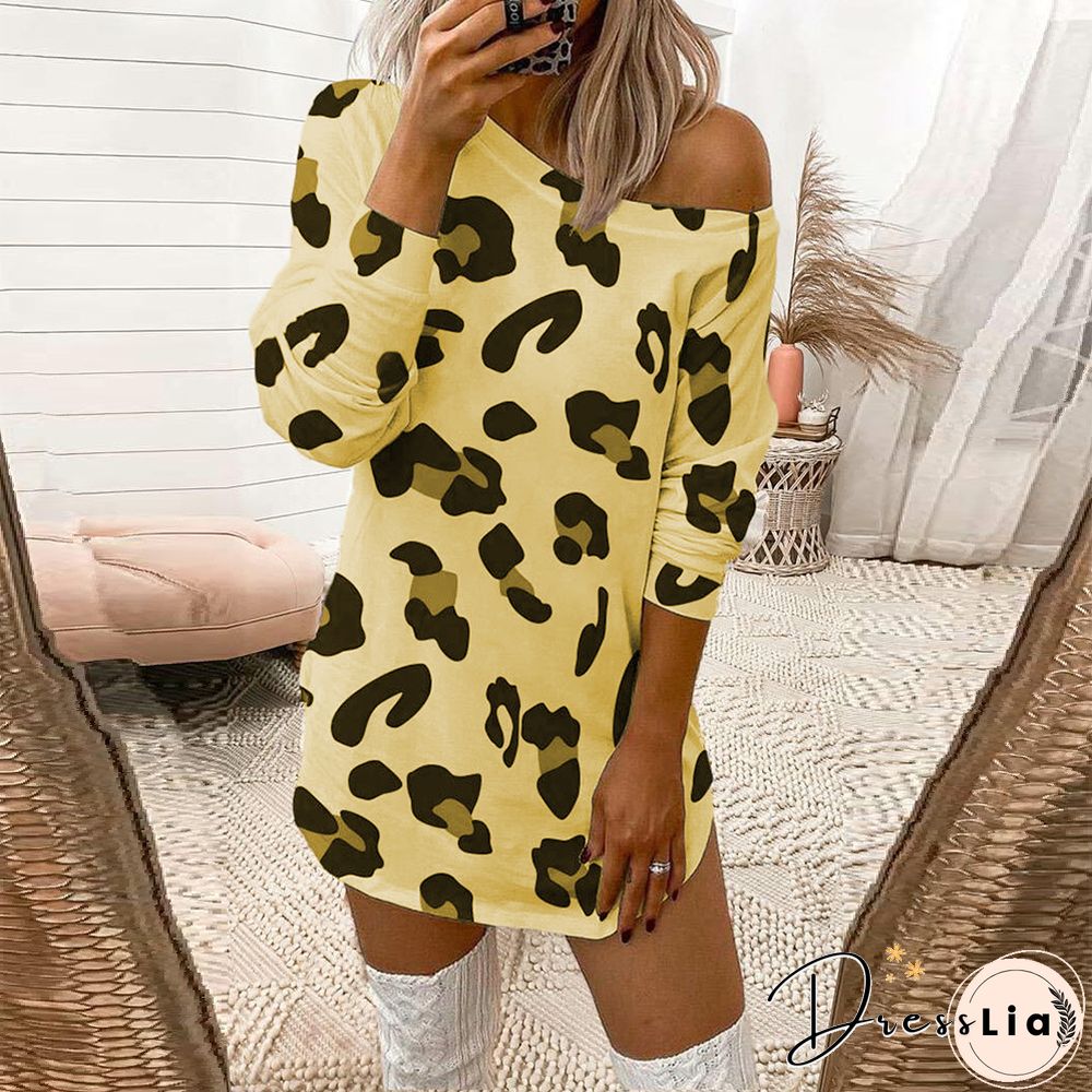 Sexy Leopard Print Off Shoulder Long Sleeve T-shirt Dress Women White Dresses