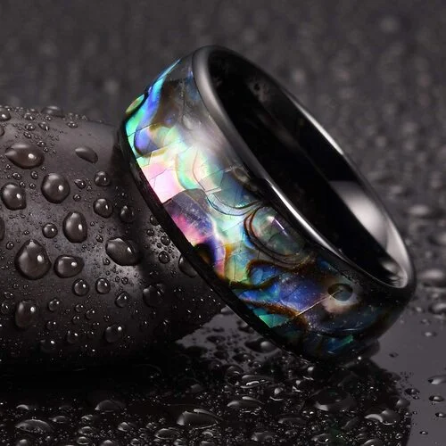 6MM 8MM Tungsten Domed Black Multi Color Rainbow Abalone Shell Inlay Tungsten Carbide Wedding Rings Women Mens