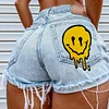 Women's Super High Waist Denim Ripped Shorts Smiley Face Print Sexy Hot Pants Shorts by Inlyline