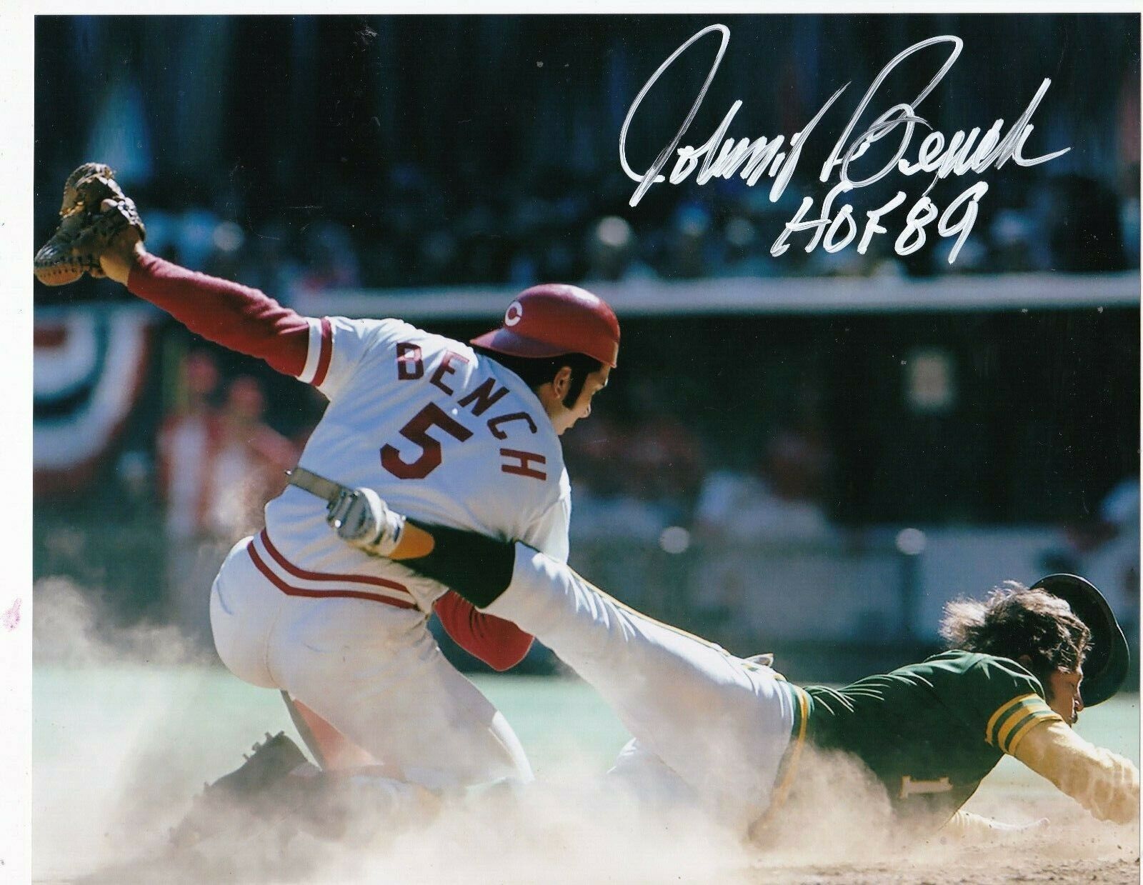 JOHNNY BENCH CINCINNATI REDS HOF 89 ACTION SIGNED 8x10