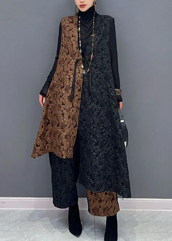 Classy Black Patchwork Brown V Neck Waistcoat And Wide Leg Pants Two Pieces Set Fall