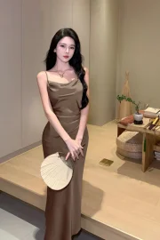 Ejimei Sexy Bodycon Satin Dress Women New Summer Spaghetti Strap Swinging Collar Mermaid Solid Evening Party Dresses Prom Robe Vestido
