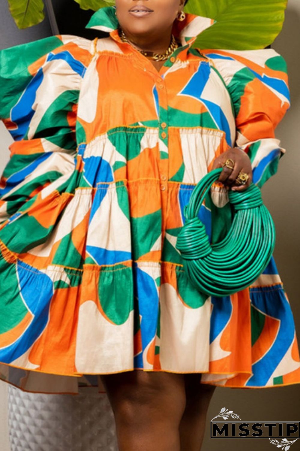Orange Green Casual Print Patchwork Shirt Collar Shirt Dress Plus Size Dresses