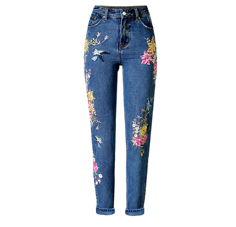 Women's Embroidered Bird Flower High Waisted Slim Fit Straight Denim Jeans