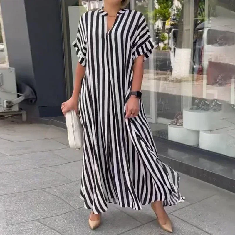 Women's Striped Printed V-Neck Long Dress – Summer Short Sleeve Oversized Maxi Dress 