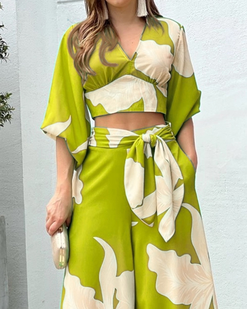 V-neck Long Top And High Waist Wide Leg Pants