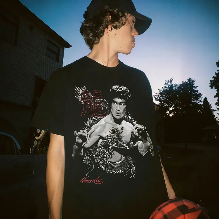 Bruce Lee Dragon Chinese Character Signature Printed Men's T-shirt
