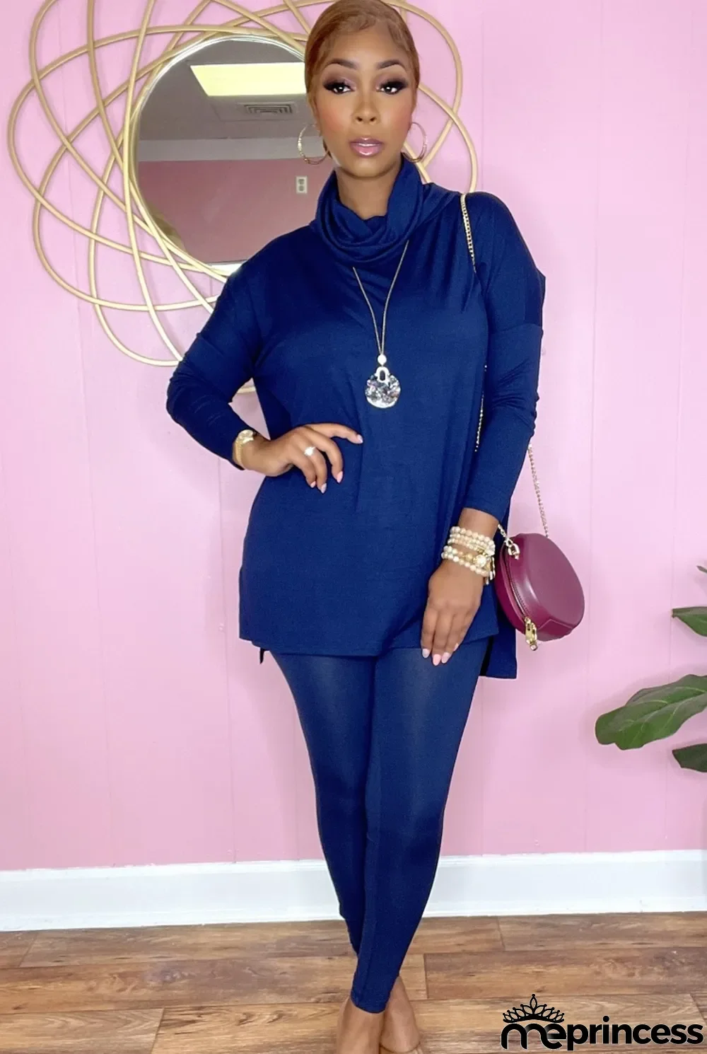 Autumn Casual Blue Turtleneck Loose Shirt and Tight Pants 2PC Basic Set