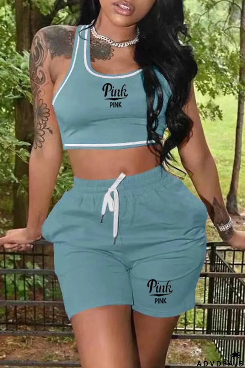 Blue Casual Print Letter U Neck Sleeveless Two Pieces