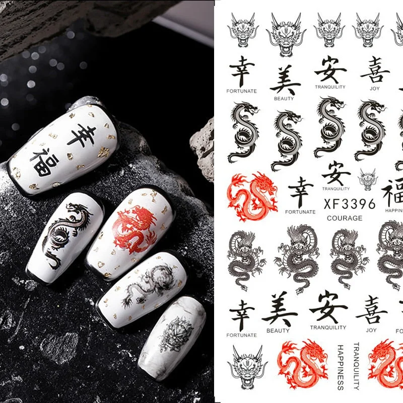 3D Chinese Red Black Dragon Manicure Decor Stickers Snake Nail Sticker DIY Self Adhesive Nail Decals Acrylic Nail Art Decoration-Nail Inspo