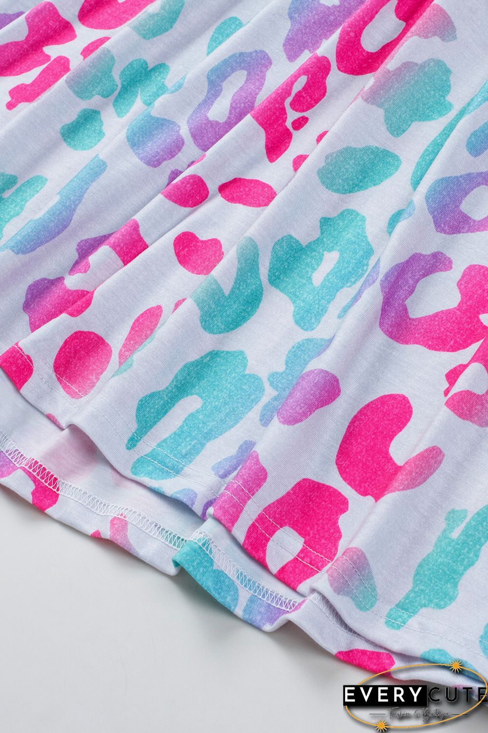 Sky Blue Leopard Color Block Buttoned V Neck T Shirt