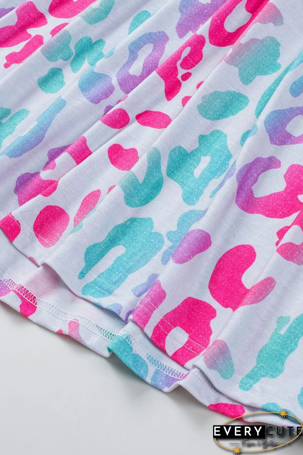 Sky Blue Leopard Color Block Buttoned V Neck T Shirt