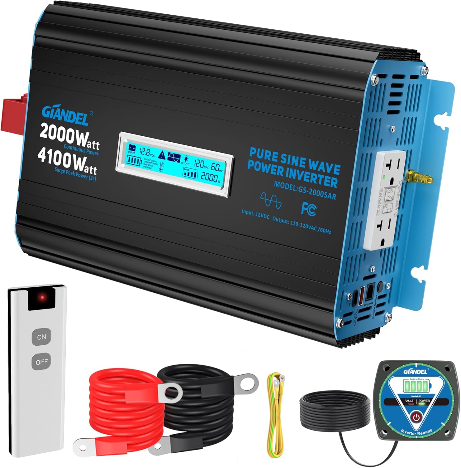 2000W Pure Sine Wave Power Inverter 12V DC to 110V 120V AC  4100W Surge Peak Power 