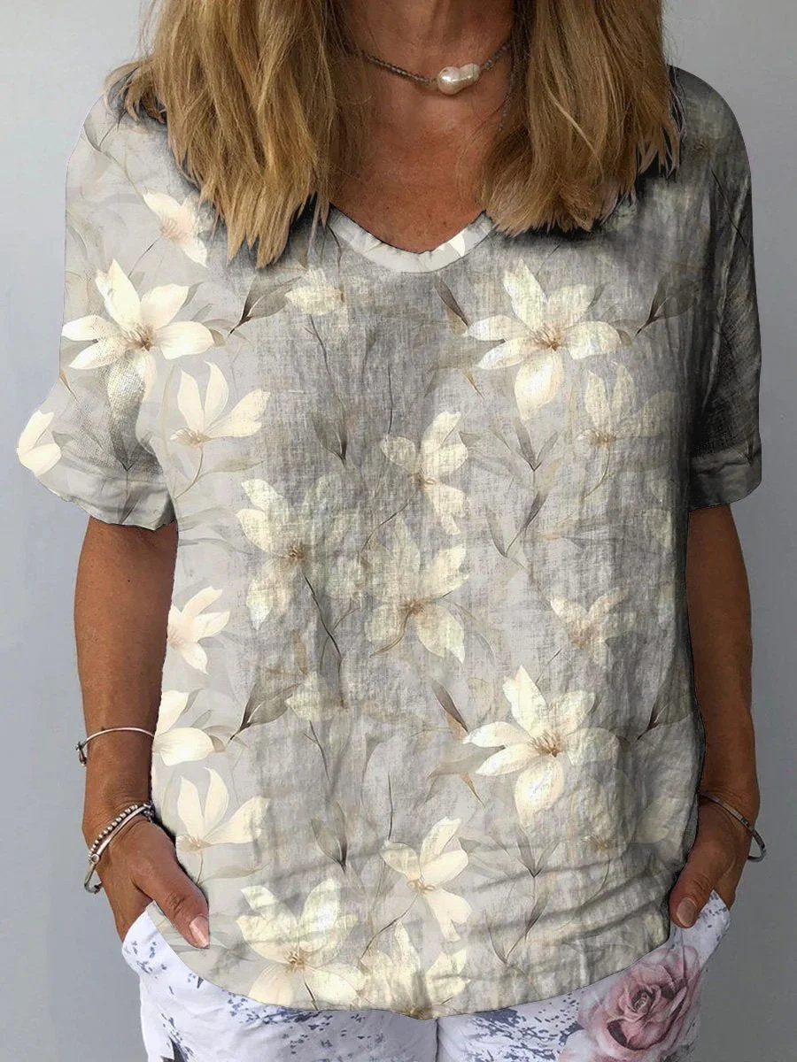 White Magnolia Blossom Repeat Pattern Printed Women's Casual Cotton And Linen Shirt