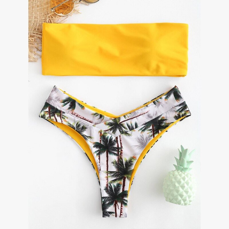 Simplee Bandeau bikinis 2019 mujer Tropical leaves bathing suit women Yellow brazil bikini Push up swimsuit female Sexy tankini