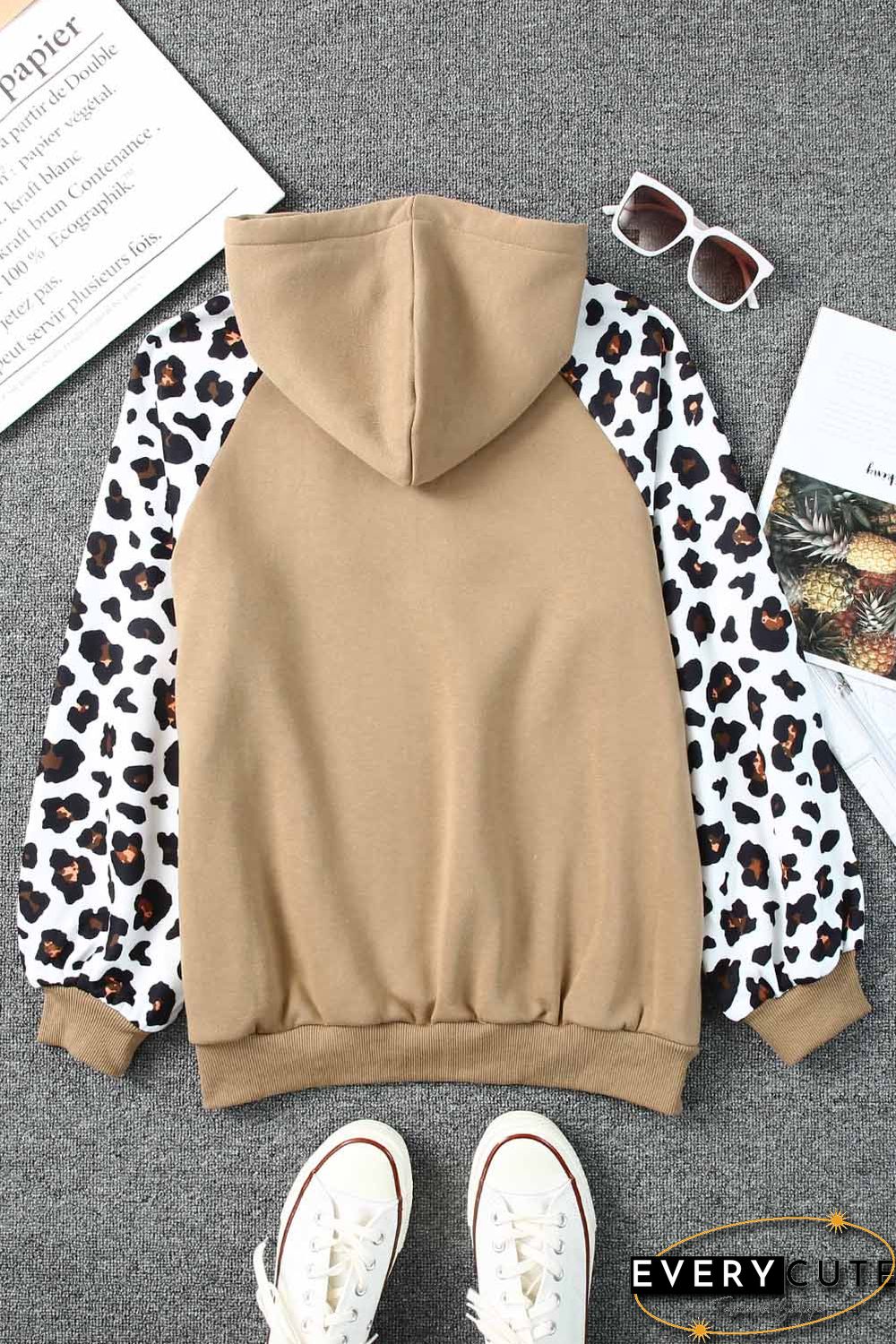 Khaki Leopard Bishop Sleeve Hooded Sweatshirt