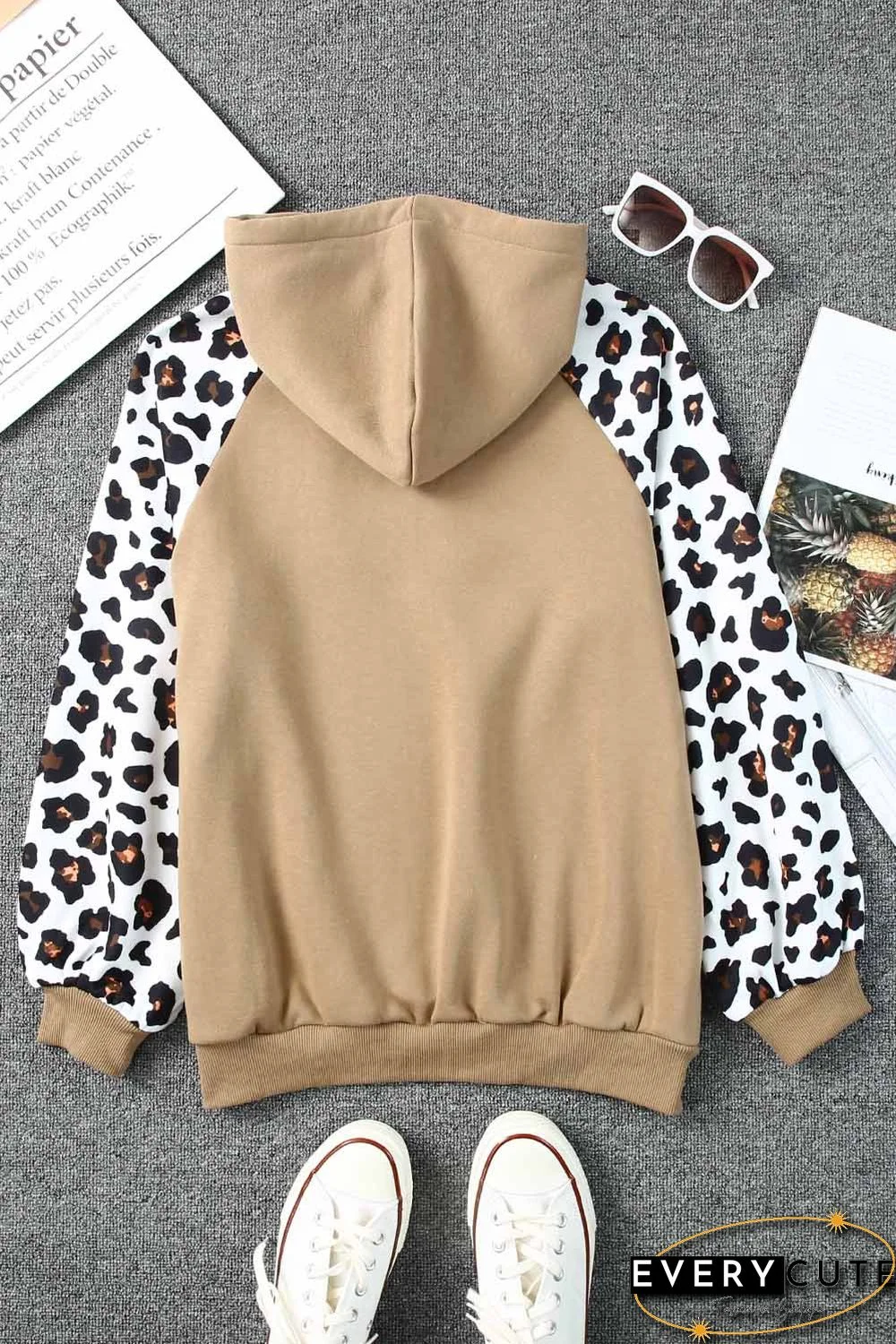 Khaki Leopard Bishop Sleeve Hooded Sweatshirt