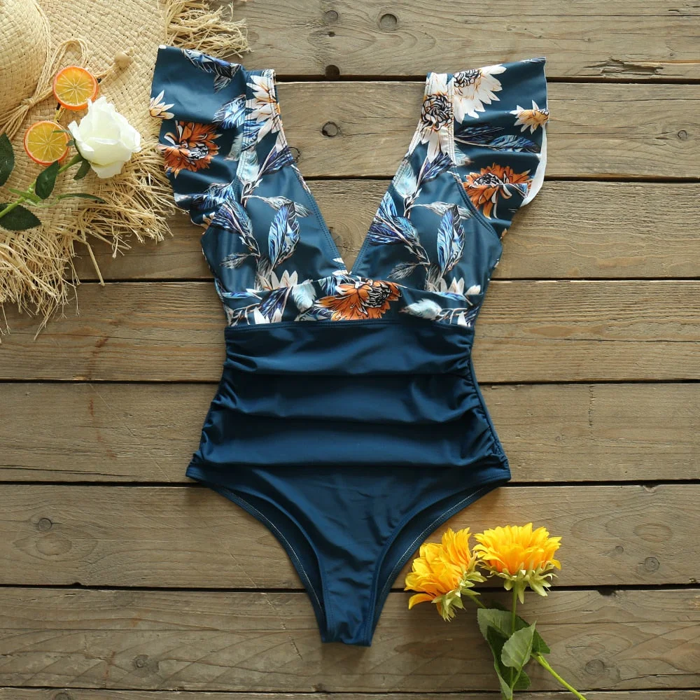 2021 New Sexy One Piece Swimwear Women Ruffle Print Floral Swimsuit Backless Deep-V Bathing Suit Flounce Beach Wear Monokini
