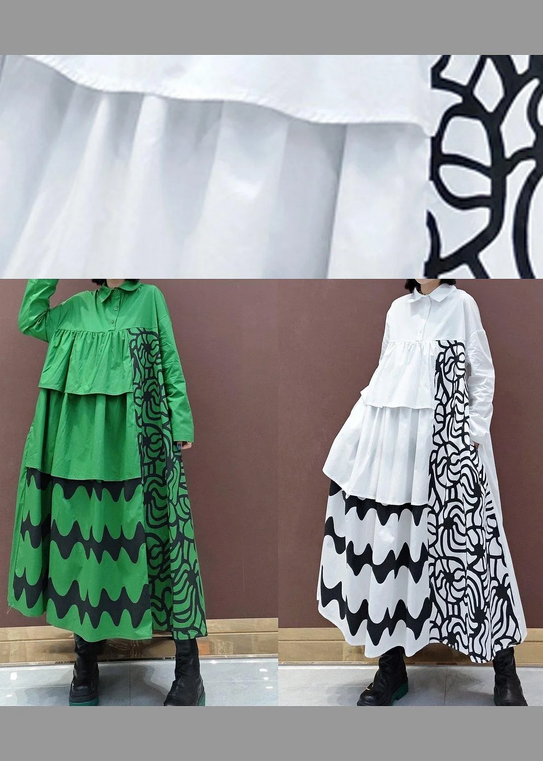 Vivid Lapel Asymmetric Spring Quilting Dresses Tunic Green Print Plus Size Dress