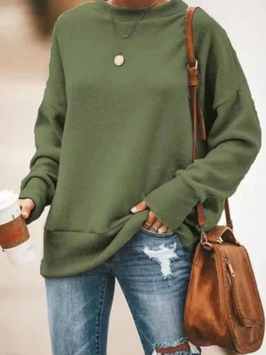 Round Neck Solid Color Long-sleeved Sweashirt