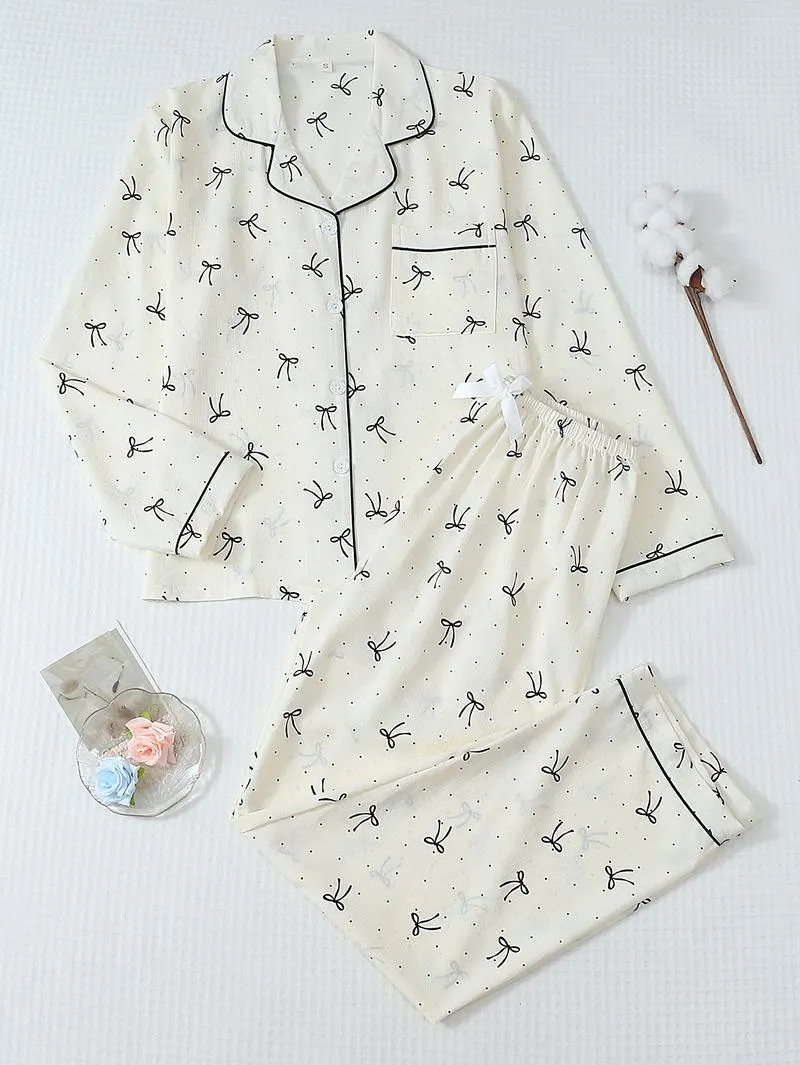 Women's Striped Bow Print Long Sleeve Pajama Set, Sweet Cute Button Front Top and Pants, Casual Home Wear for All Seasons