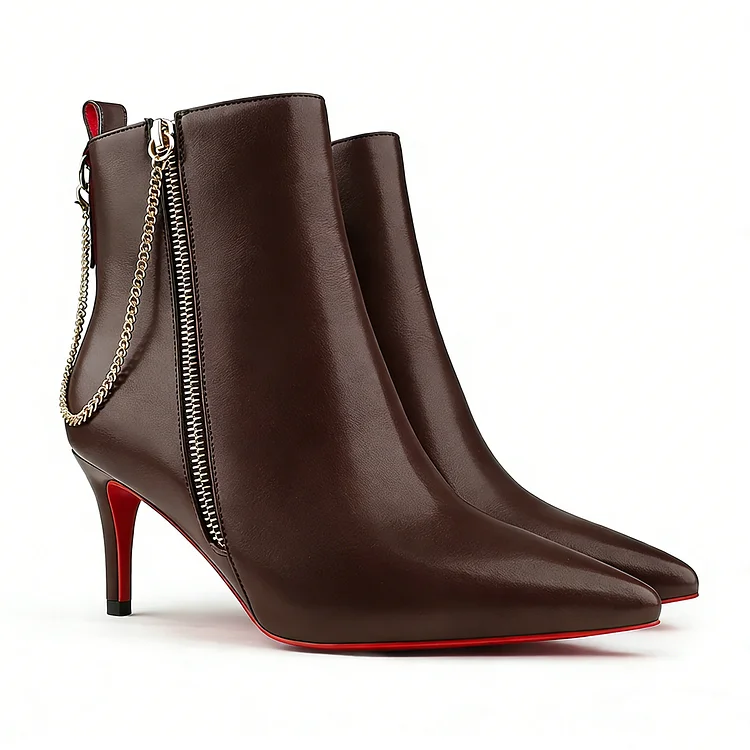 60mm Women's Pointed Toe Metal Chain Kitten Heel Single Strap Red Bottom Booties VOCOSI VOCOSI