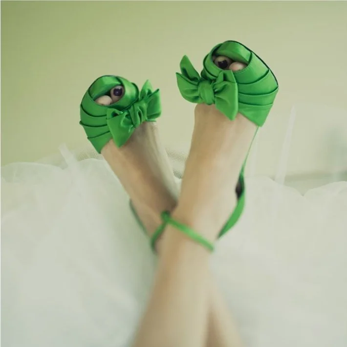 Green Satin Bow Peep Toe Wedding Sandals Ankle Strap Heels Vdcoo
