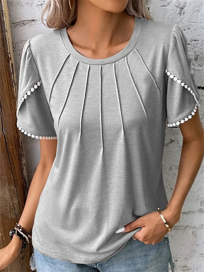 Women's Summer Short Sleeve Scoop Neck Pleated Solid Color Top