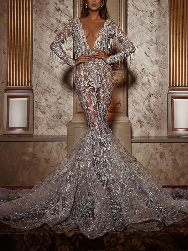Deep V-Neck Sequined Tasseled See-Through Elegant Wedding Maxi Dress