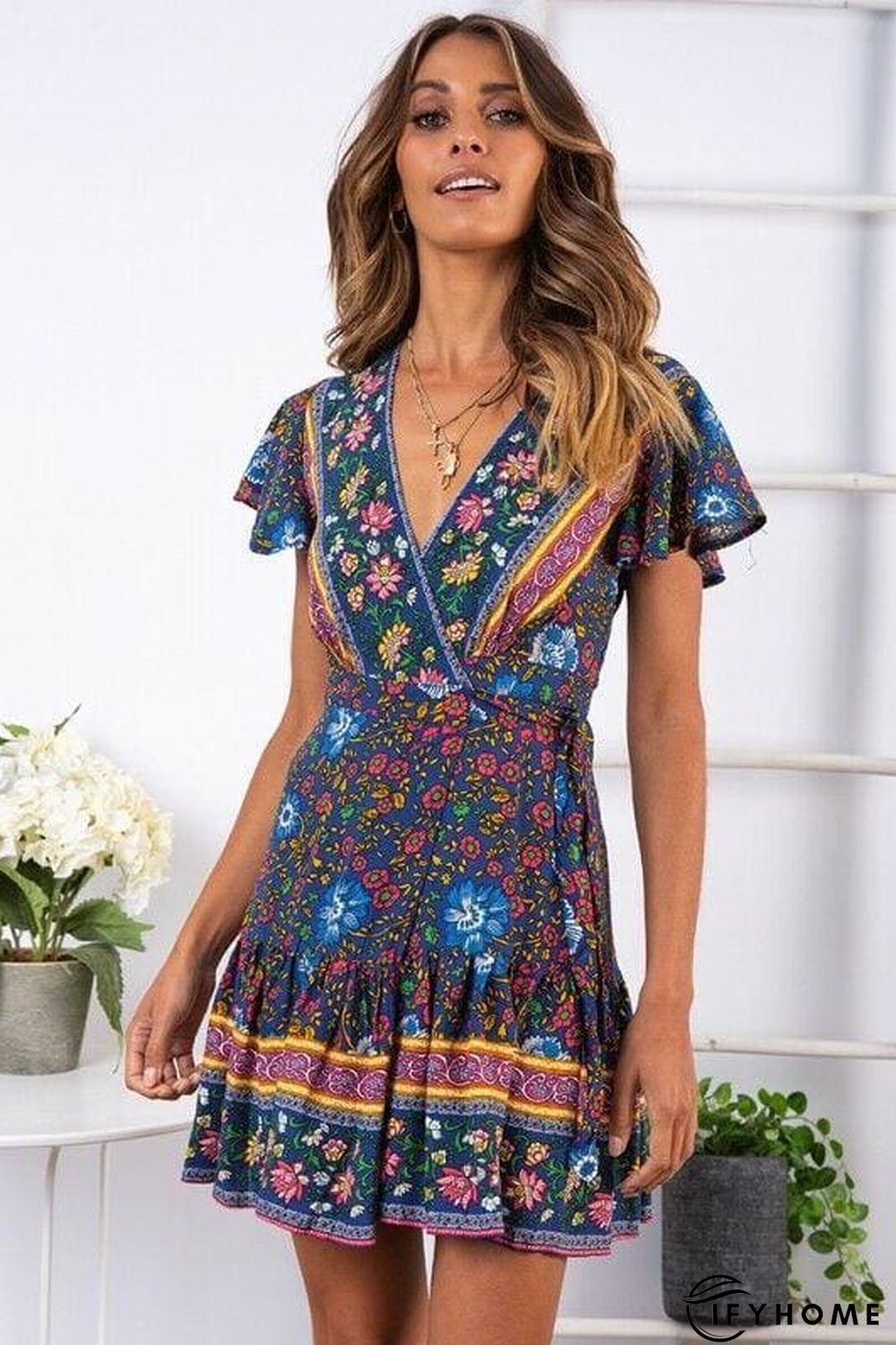 Vintage Women Short Sleeve Wrap Boho Floral Mini Dress Ladies Summer Sundress Holiday V neck Short Sleeve Print Dress | IFYHOME