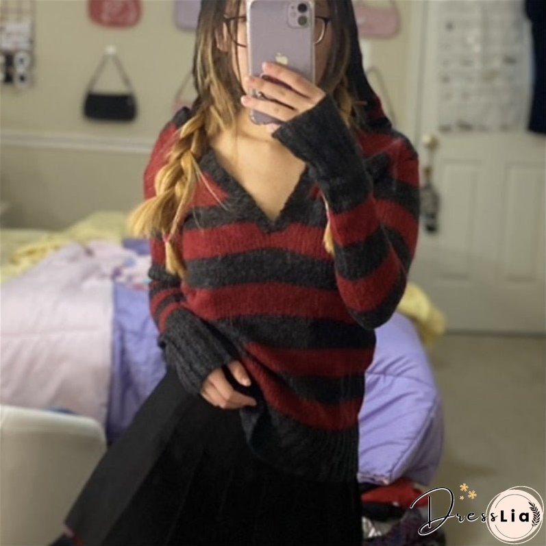 Joskaa Kawaii Striped Knitted Sweaters Women Elegant Oversized Pullovers Harajuku Sweater Tops Punk Fairy Grunge Streetwear