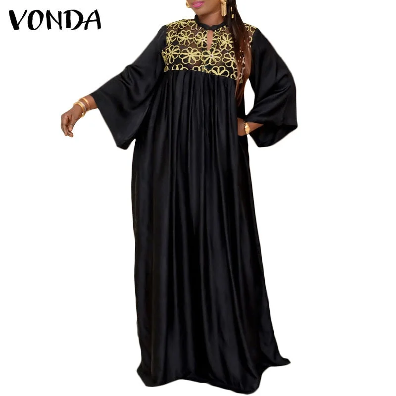 Elegant Women Kaftan Dress 2022 VONDA Vintage Long Sleeve Embroidery Mesh Dress Autumn Robes Longues Oversized Robe Femme