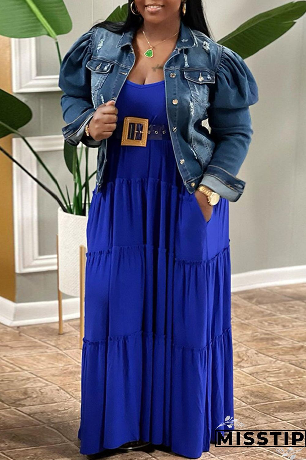 Blue Casual Solid Patchwork Spaghetti Strap Straight Plus Size Dresses