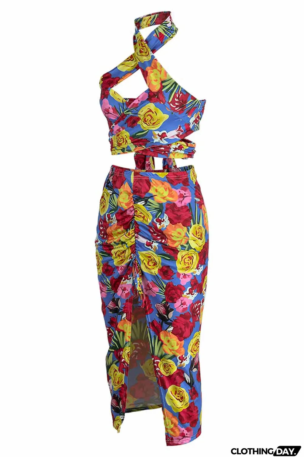 Green Fashion Street Print Patchwork Halter Sleeveless Two Pieces