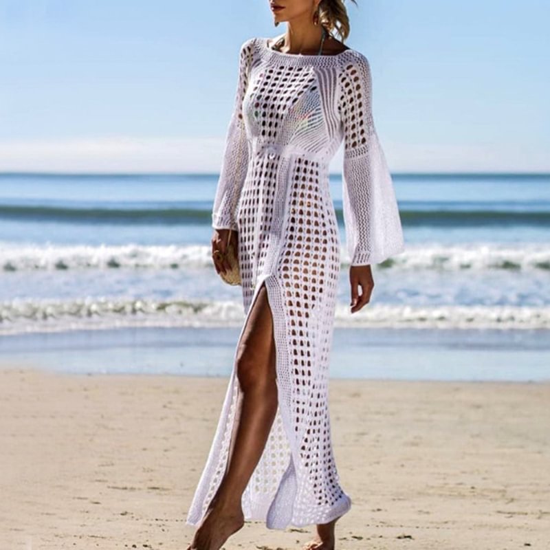 Boho Sexy Knitted Beach Long Sleeve Holiday Dress MusePointer