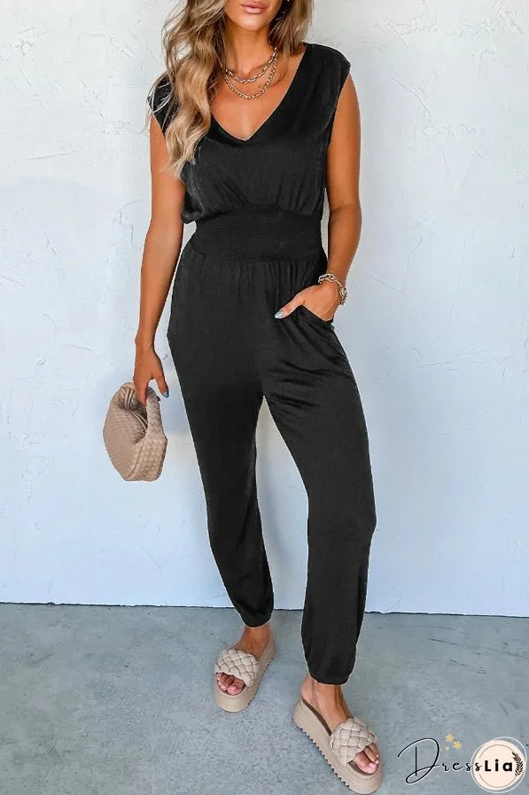 High Waist Sleeveless V Neck Jumpsuit