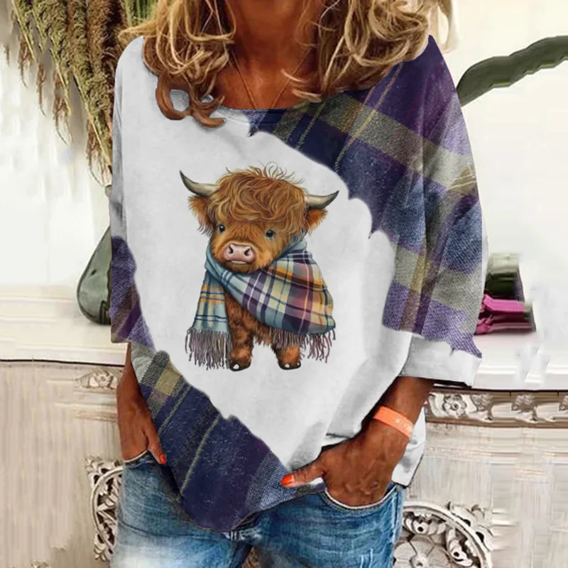 Women's West Vintage Highland Cow In Purple Plaid Print Casual T-Shirt