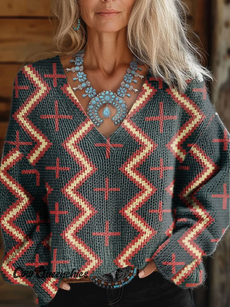Women’s Vintage Print Casual V-Neck Pullover Knit Multicolor / M