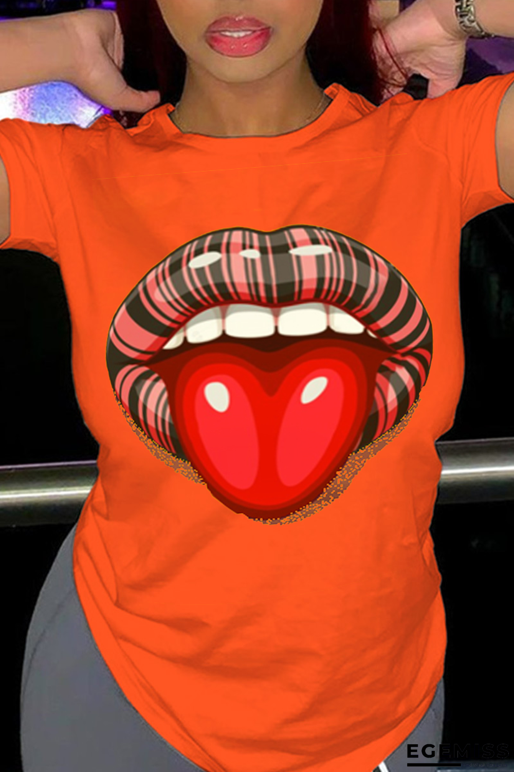 Orange Fashion Street Lips Printed Patchwork O Neck T-Shirts | EGEMISS