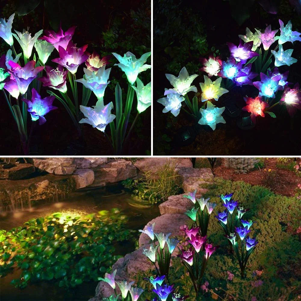 Outdoor Solar Garden Stake Lights, Mother's Day Birthday Gifts, 3 Pack Solar Powered Flower Lights with 12 Lily Flower for Patio Backyard