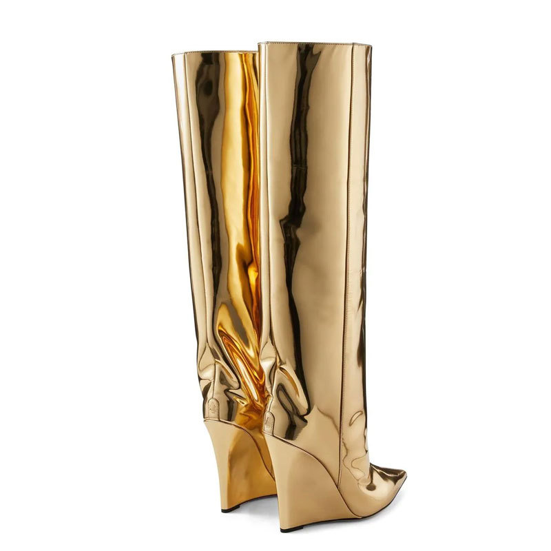 105mm Women's Pointed Toe Wedge Heel Boots Knee High Boots-MERUMOTE