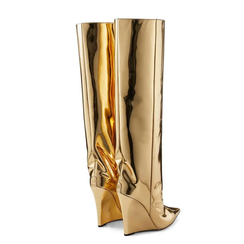 105mm Women's Pointed Toe Wedge Heel Boots Knee High Boots-MERUMOTE