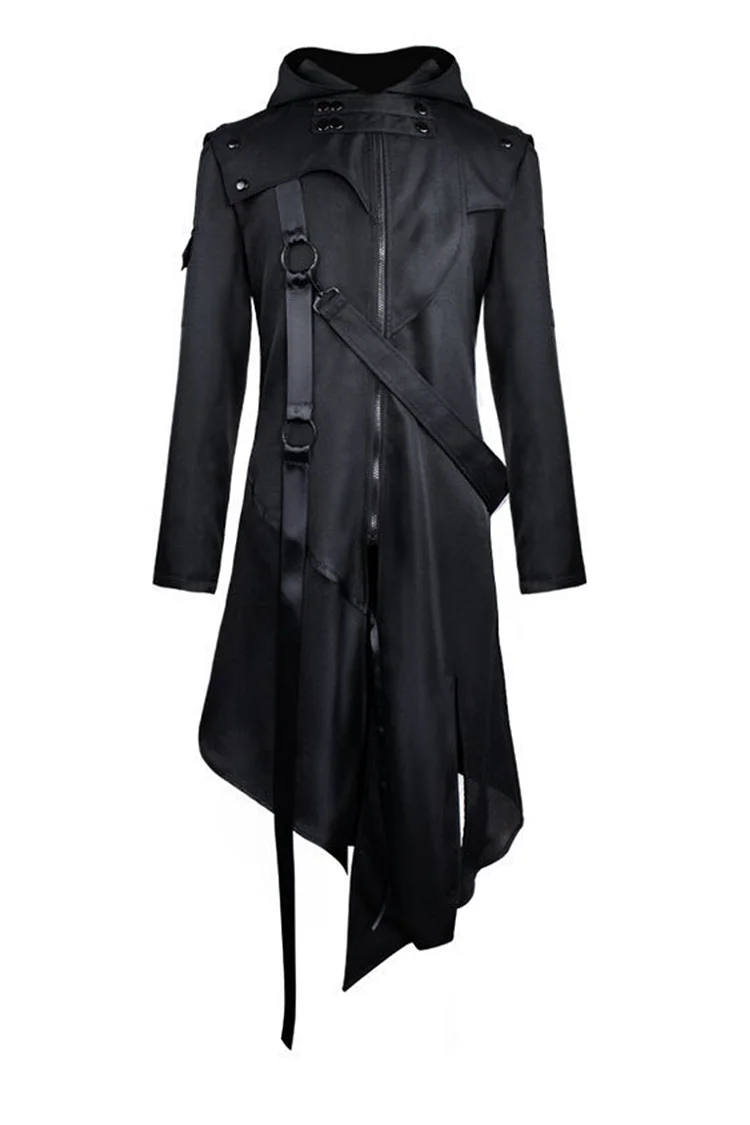 Gothic Plus Size Black Party Straps Studded Hooded Irregular Jacket