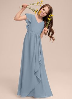 Chiffon V-Neck Short Sleeves High-Waisted Long A-Line Junior Bridesmaid Dress With Asymmetric Ruffles And Pleated | JB024 Wellcucu