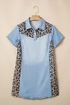 Women's Denim Block Leopard Patchwork Shirt Collar T Shirt Mini Dress