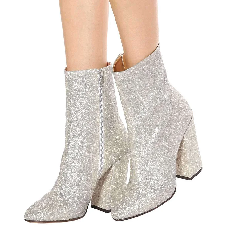 Silver Glitter Boots Round Toe Chunky Heel Ankle Boots |FSJ Shoes