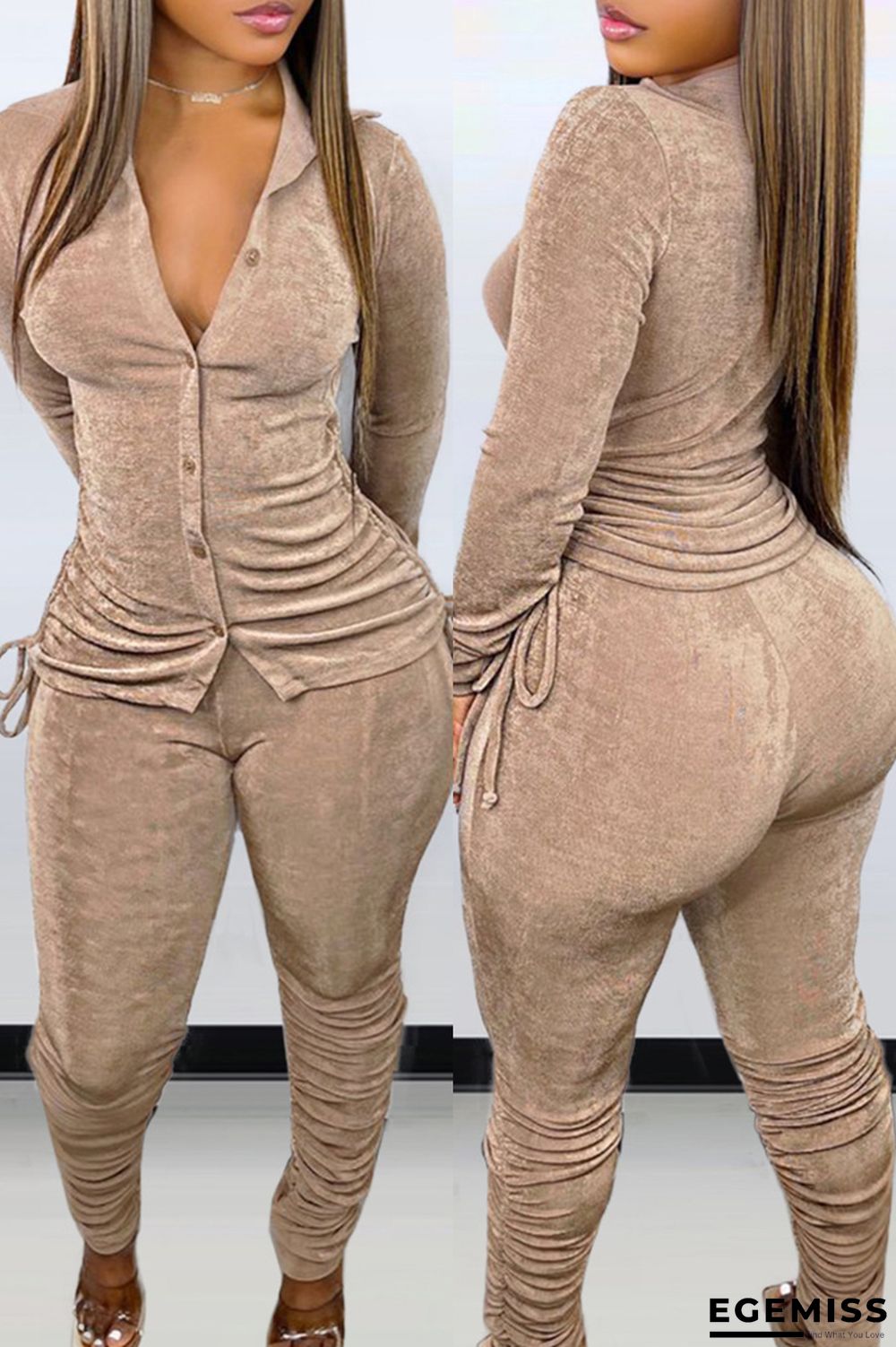 Khaki Fashion Casual Solid Draw String Fold Turndown Collar Long Sleeve Two Pieces | EGEMISS